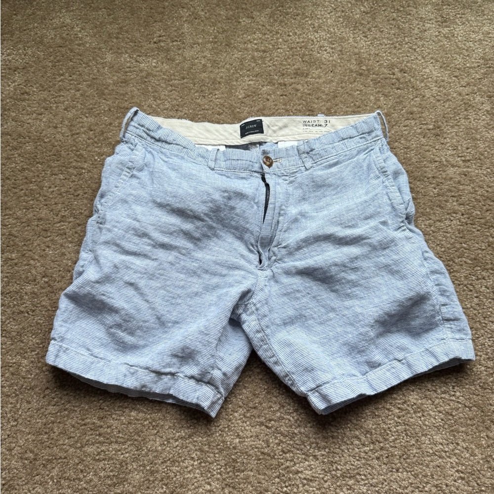 J. Crew Men's Linen blue/ white striped Flat Front Shorts sz 31 7” inseam